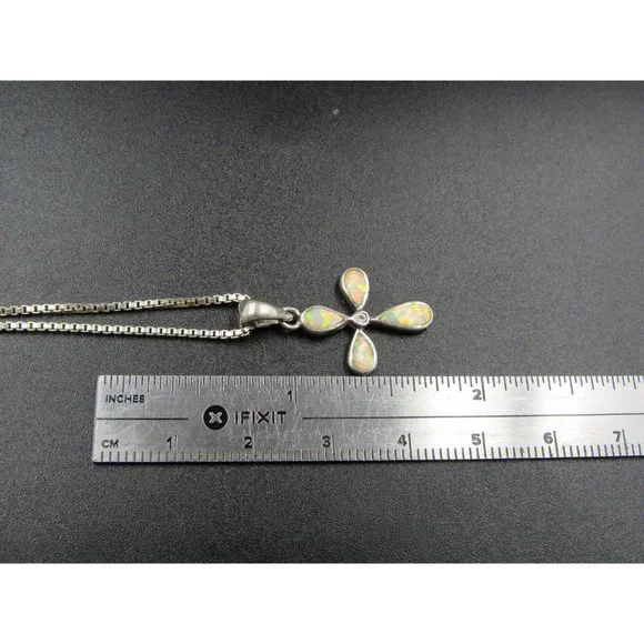 20" Sterling Silver Small Opal Cross Pendant Necklace Vintage Minimalist - Picture 6 of 7